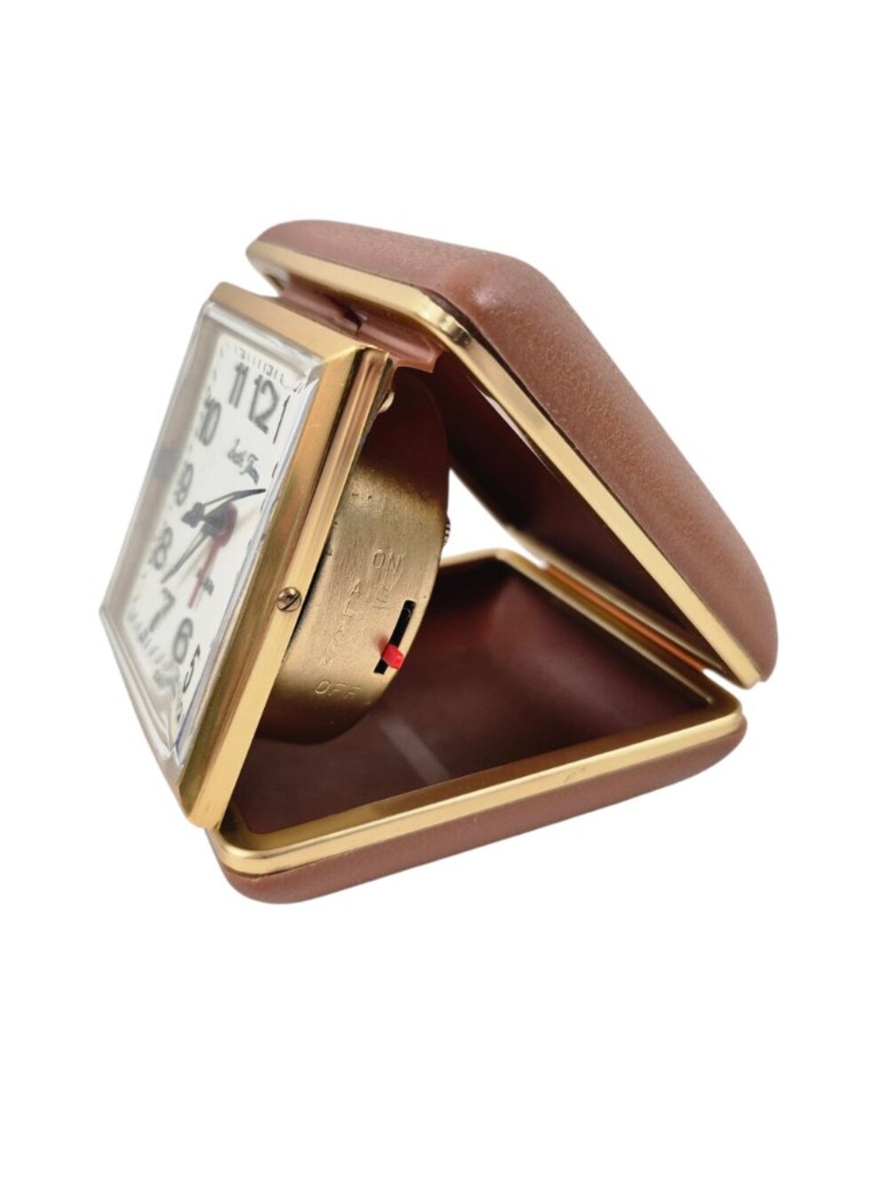 Seth Thomas Travel Alarm Clock Tan Clamshell Case Gold Trim Testes Working - Picture 8 of 10